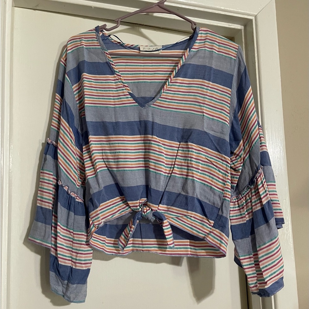 Lavender Field Womens Top Size Small Striped Cropped Bell Sleeve V-Neck